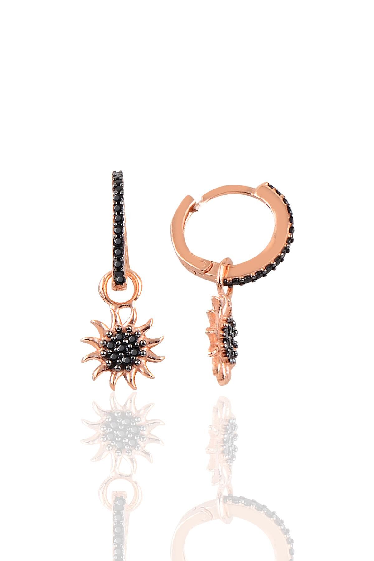 Gümüş siyah taşlı güneş modeli taşlı halka küpe SGTL10186GNS