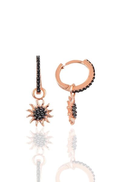 Gümüş siyah taşlı güneş modeli taşlı halka küpe SGTL10186GNS