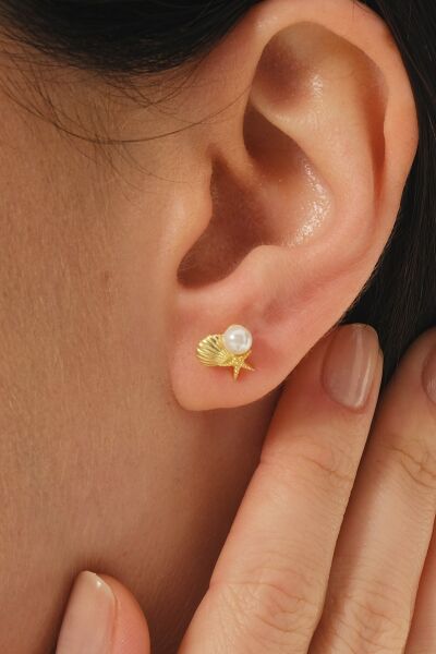 Gümüş altın yaldızlı incili okyanus esintisi istiridye küpe SGTL12828GOLD