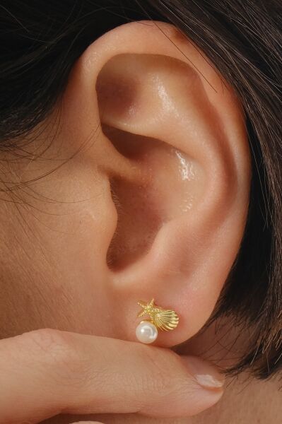 Gümüş altın yaldızlı incili okyanus esintisi istiridye küpe SGTL12828GOLD