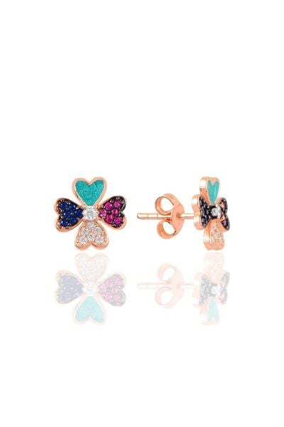 Gümüş mineli mix taşlı yonca küpe SGTL10878RNK
