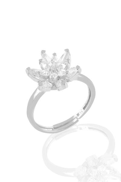 Gümüş rodyumlu  taşlı nilüfer lotus çiçeği yüzük Beyaz