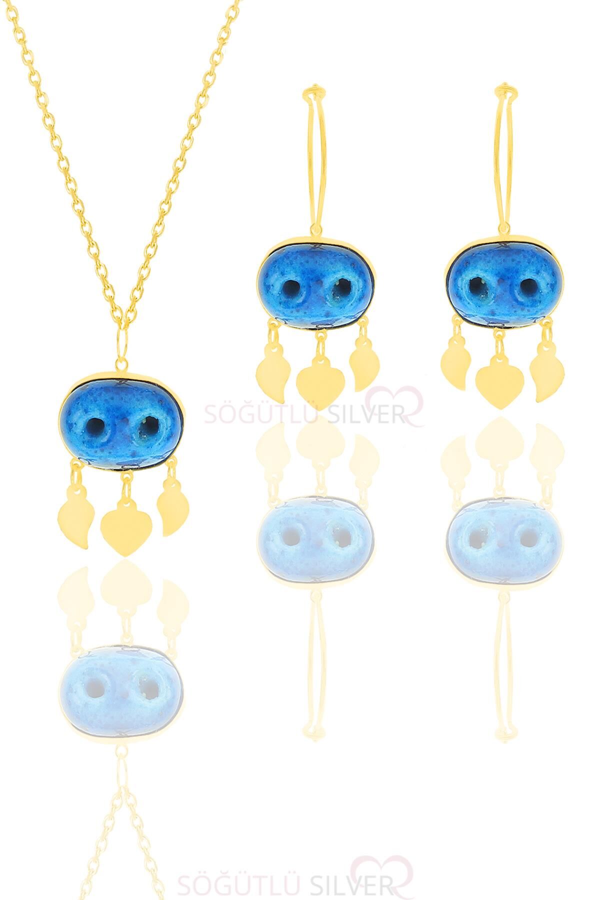 Gümüş altın yaldızlı süryani nazar boncuğu kolye ve küpe ikili set SGTL11657GOLD