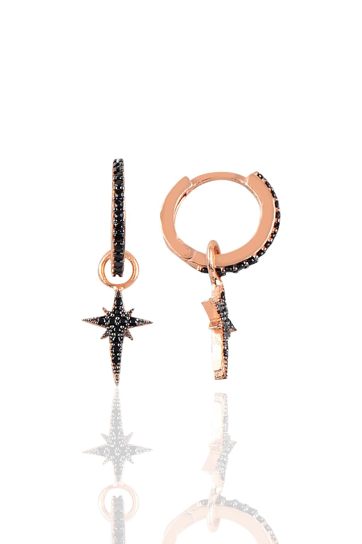 Gümüş siyah taşlı kutup yıldızı modeli taşlı halka küpe SGTL10186KTP