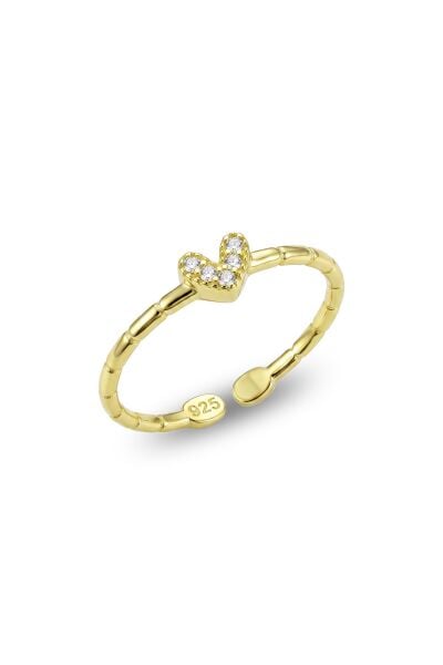 925 Ayar Gümüş Gold Kalp Figürlü Zirkon Yüzük - Şık Ölçüsüz Çıtır Kadın Yüzük SGTL13515GOLD