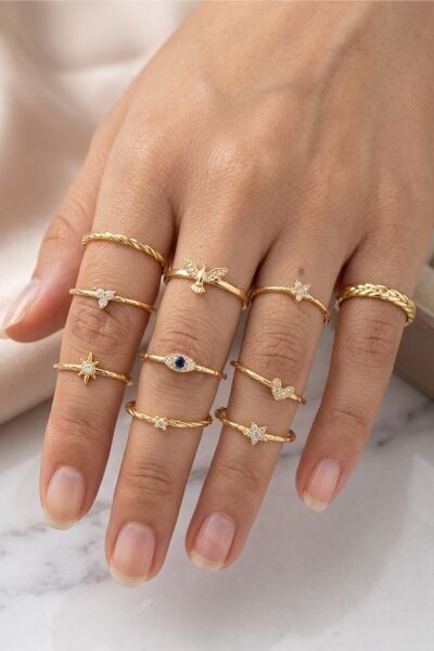 925 Ayar Gümüş Gold Kalp Figürlü Zirkon Yüzük - Şık Ölçüsüz Çıtır Kadın Yüzük SGTL13515GOLD