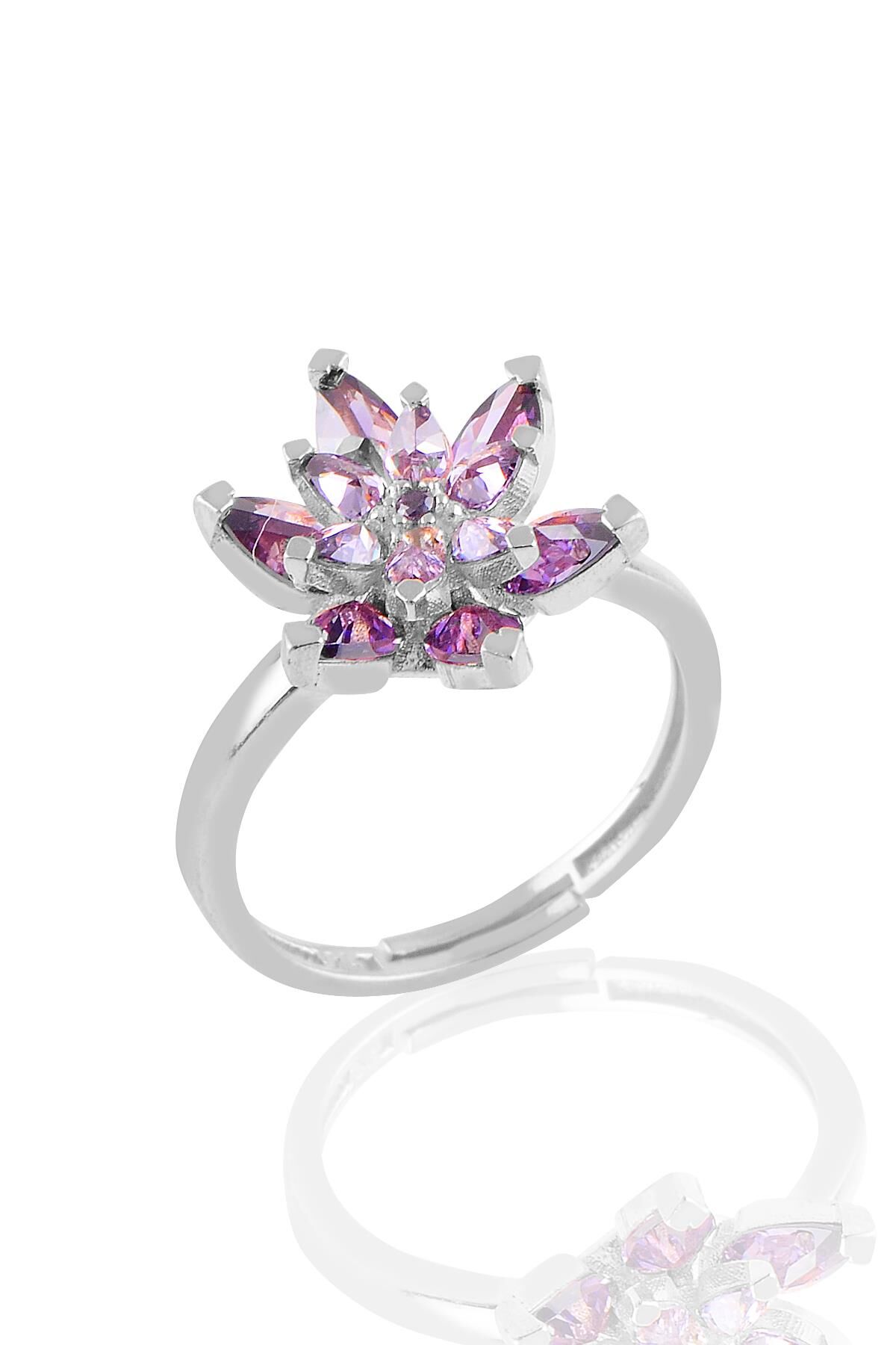 Gümüş rodyumlu  taşlı nilüfer lotus çiçeği yüzük Mor