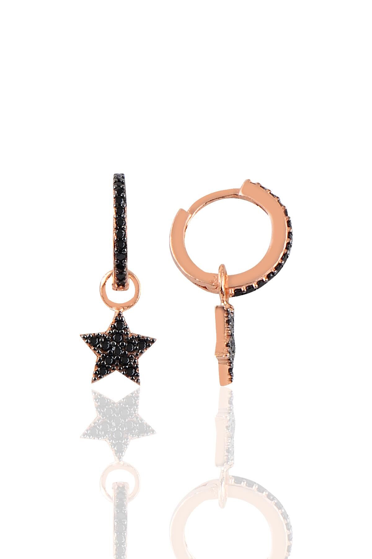 Gümüş siyah taşlı yıldızı modeli taşlı halka küpe SGTL10186YDZ