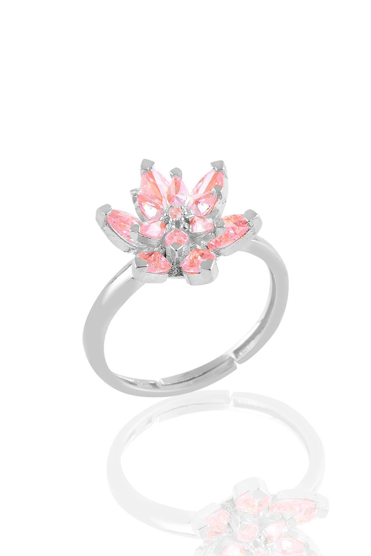 Gümüş rodyumlu  taşlı nilüfer lotus çiçeği yüzük Pembe