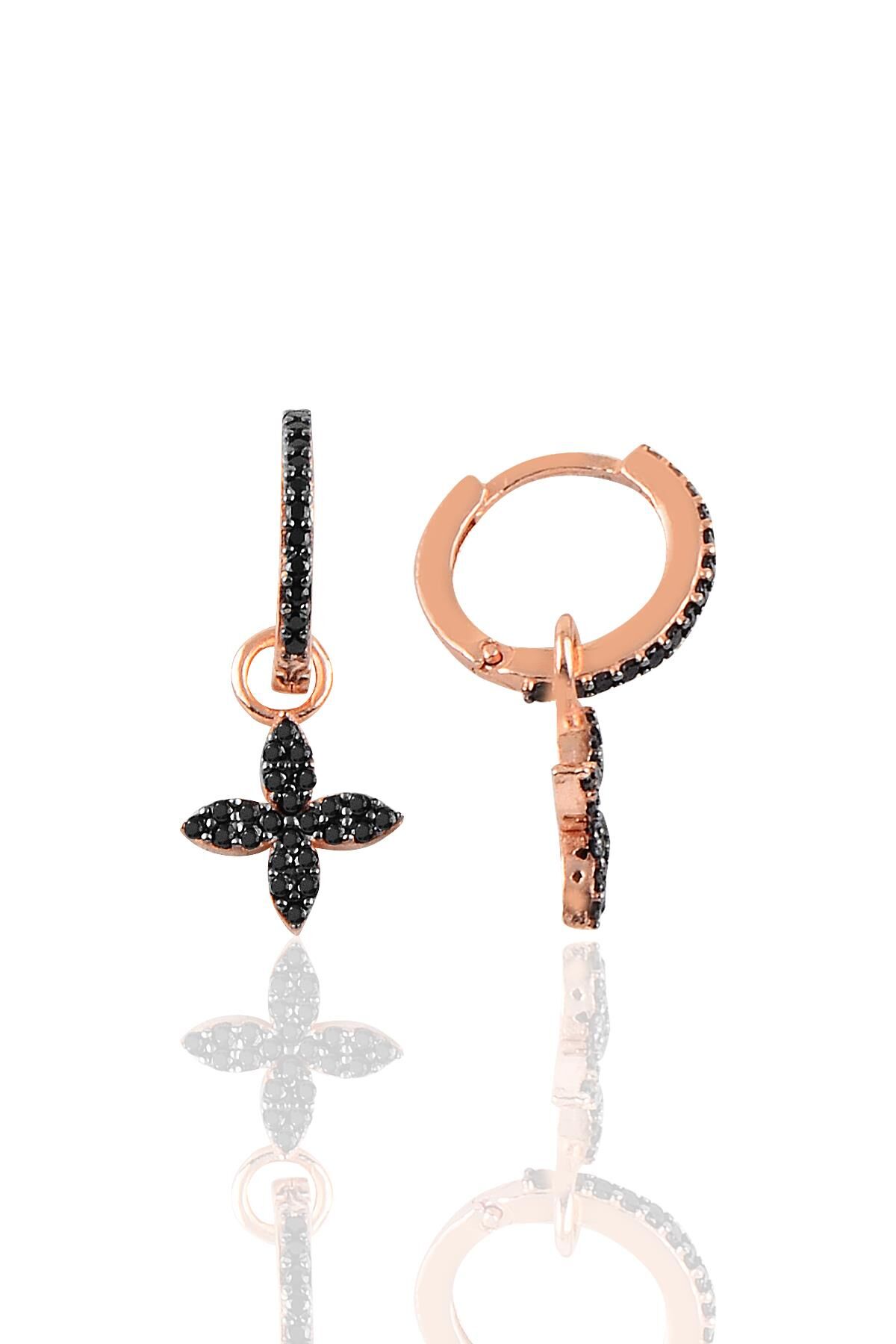 Gümüş siyah taşlı yonca modeli taşlı halka küpe SGTL10186YNC