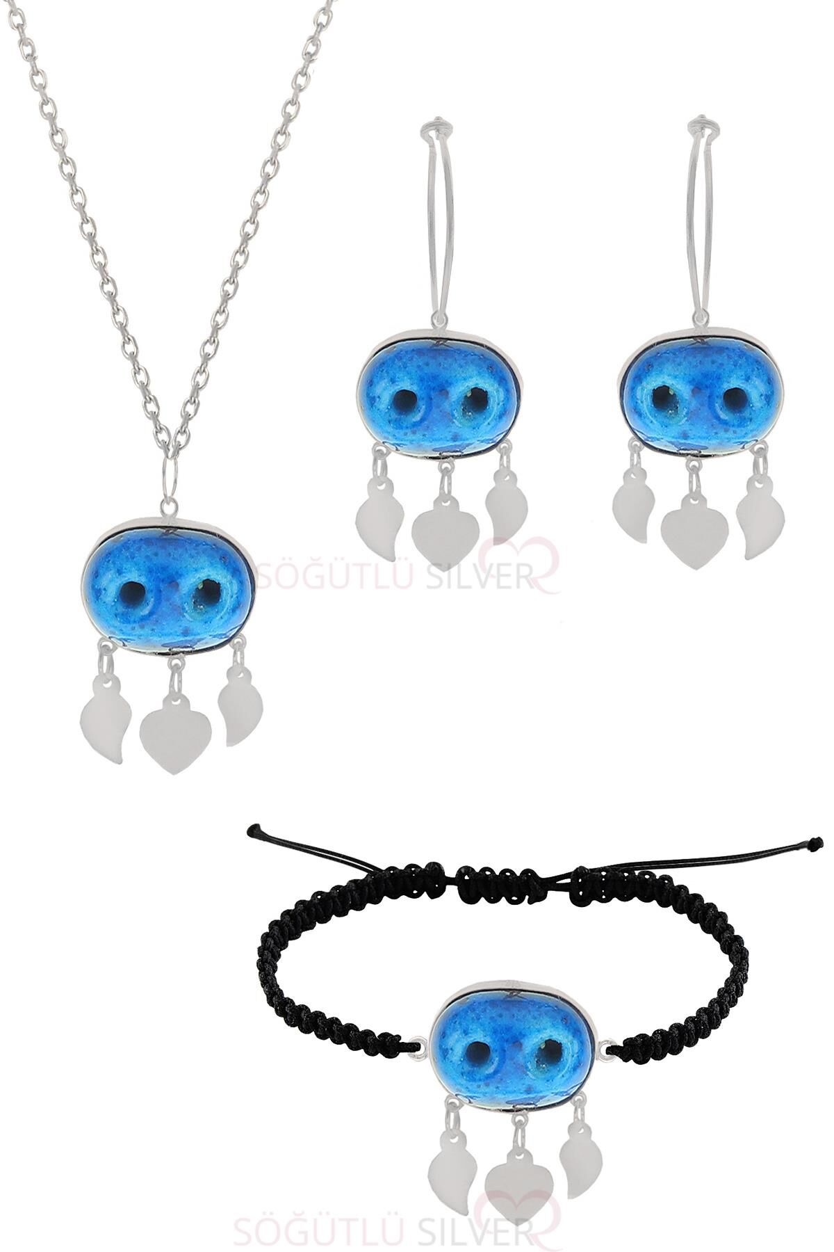 Gümüş süryani nazar boncuğu kolye küpe ve bileklik üçlü set SGTL11656RODAJ