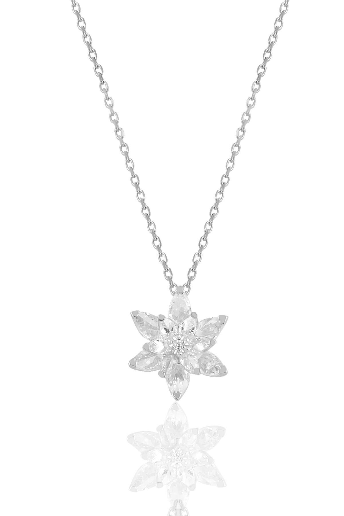 Gümüş rodyumlu taşlı nilüfer lotus çiçeği kolye Beyaz