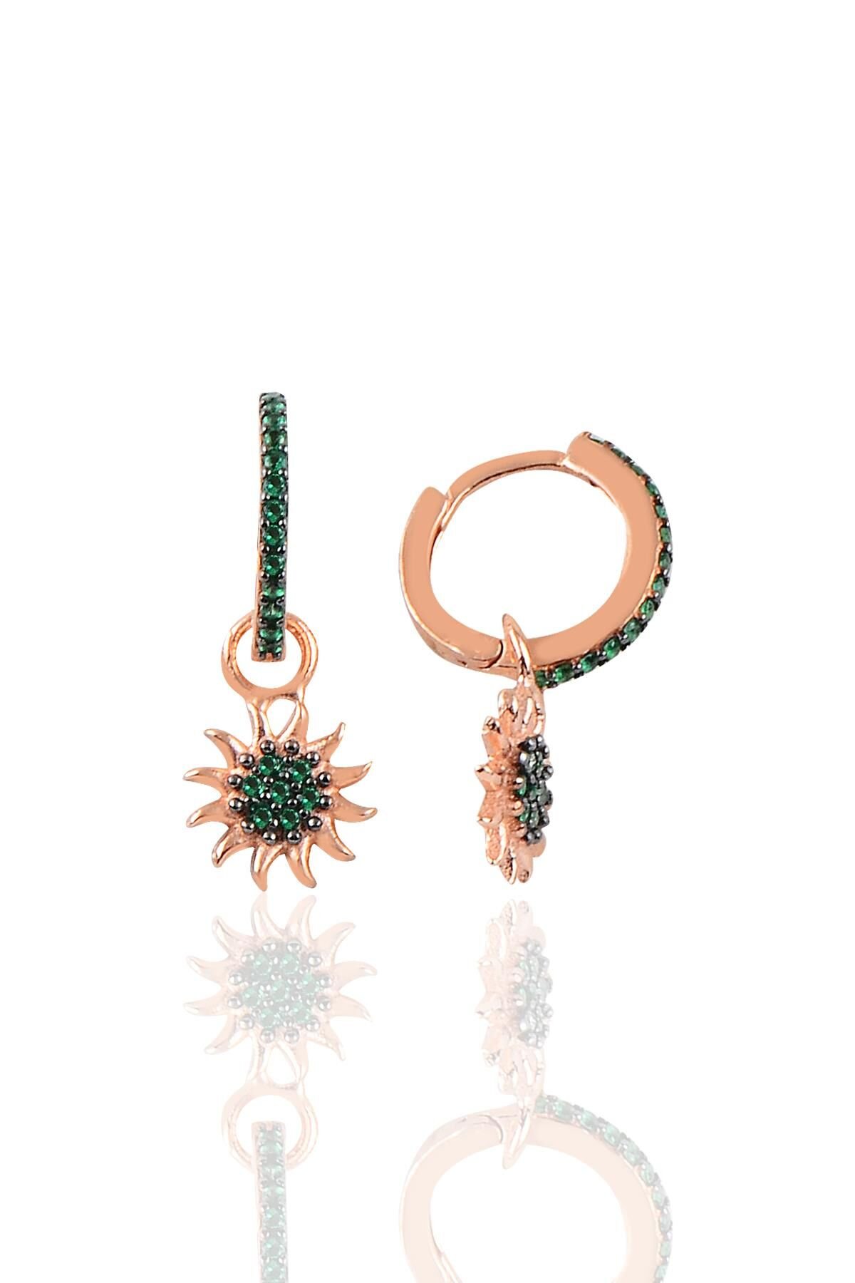 Gümüş yeşil taşlı güneş modeli taşlı halka küpe SGTL10187GNS