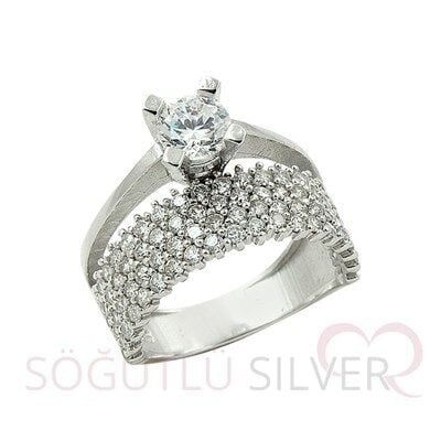 tek taş ve dört sıralı zirkon taşlı yüzük yüzük8419