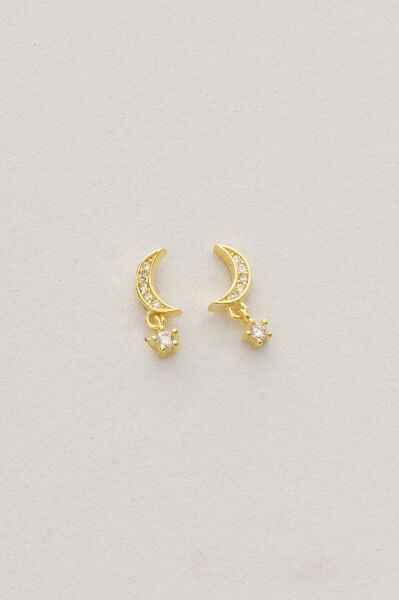 Gümüş altın yaldızlı zirkon taşlı sallantılı ay yıldız küpe SGTL12831GOLD