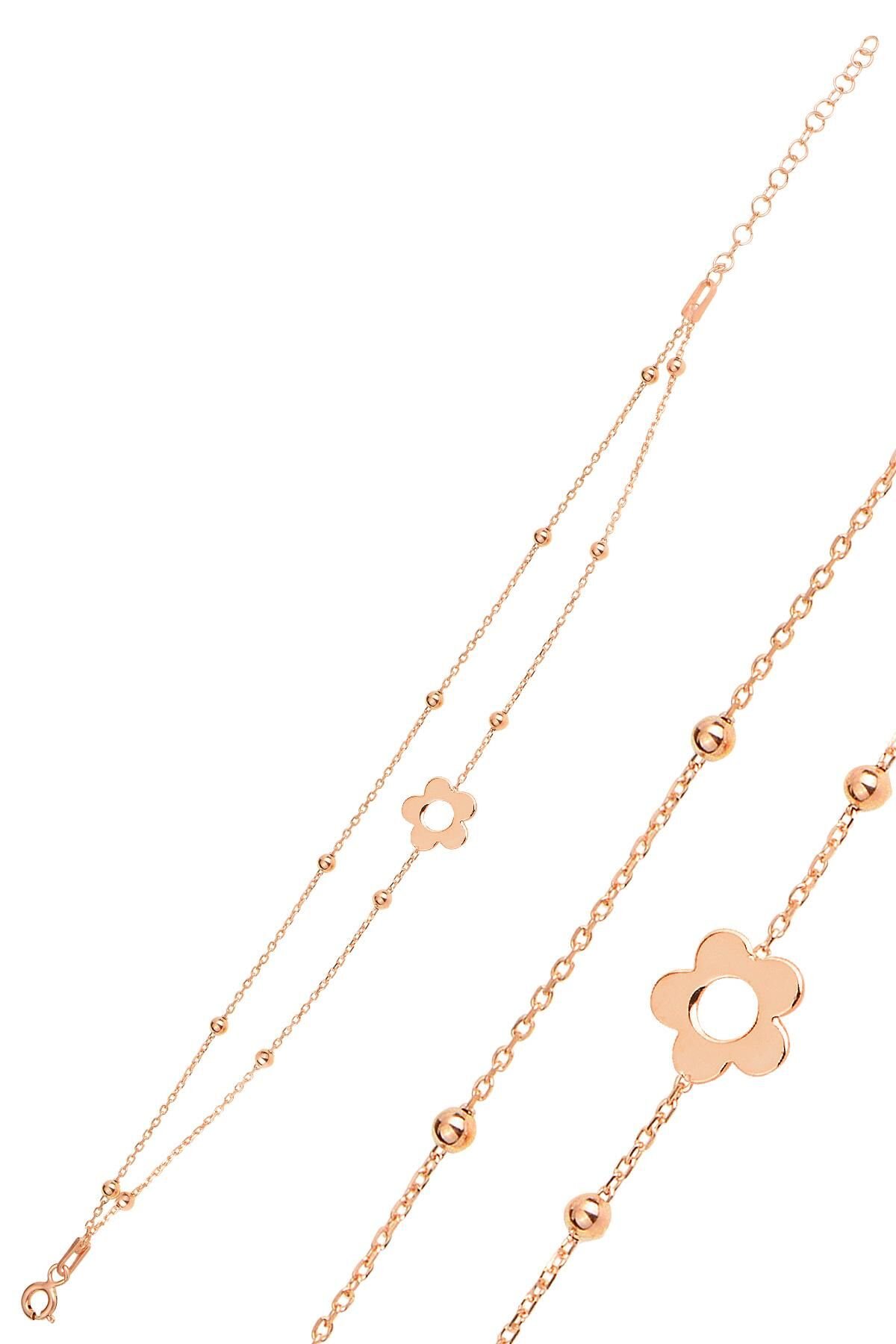 Gümüş rose top top çift zincirli çiçek bileklik SGTL12278ROSE