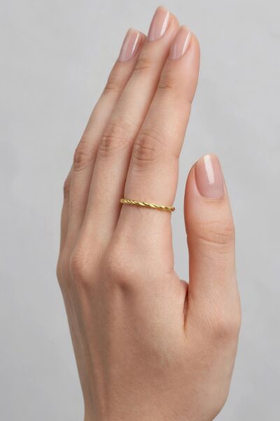 925 Ayar Gümüş Yüzük Altın Kaplama Kıvrımlı Burgu Yüzük - Ayarlanabilir Minimal Taşsız Kadın Yüzük SGTL13516GOLD