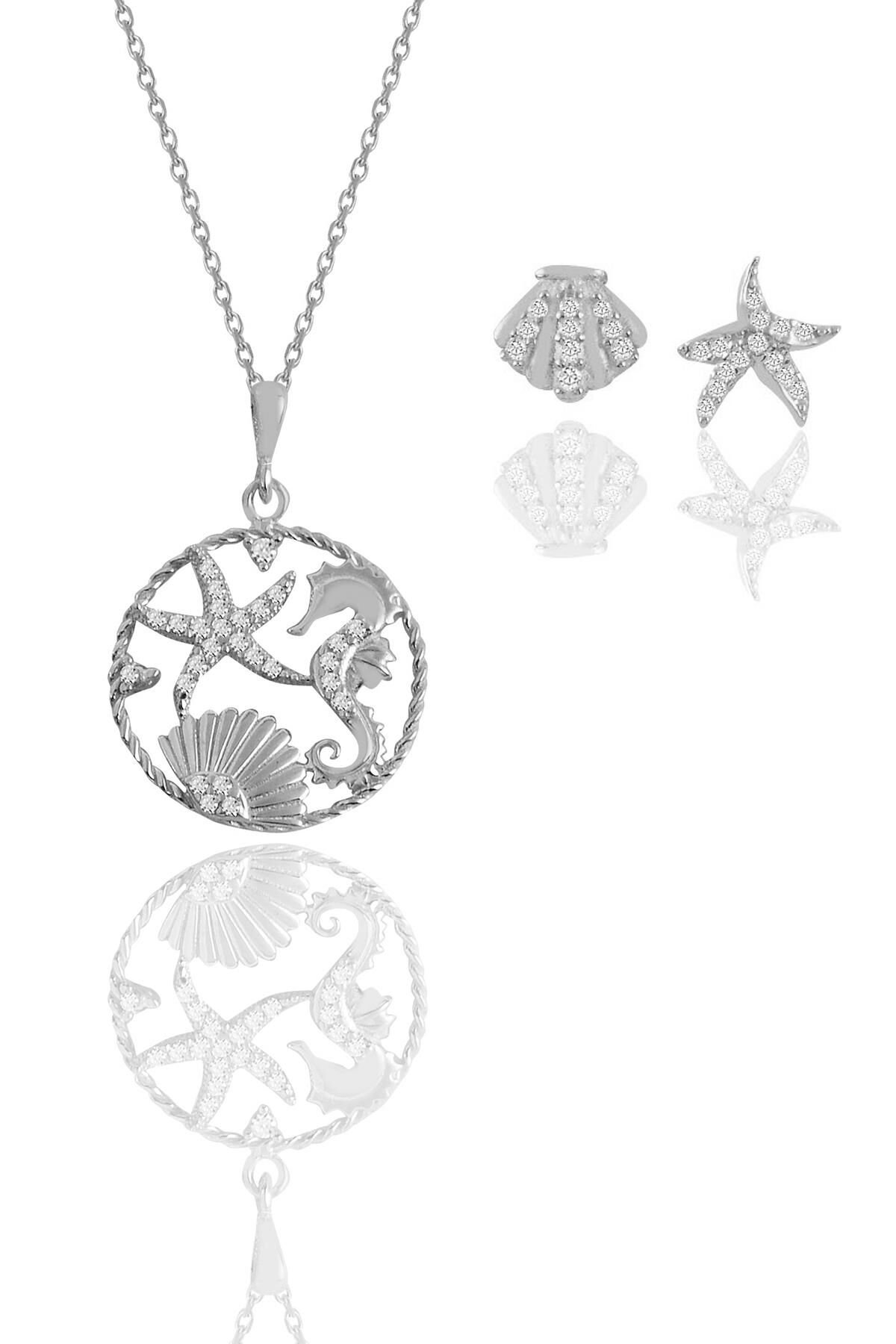 Gümüş rodyumlu zirkon taşlı deniz şans kolye ve küpe ikili set SGTL11654RODAJ