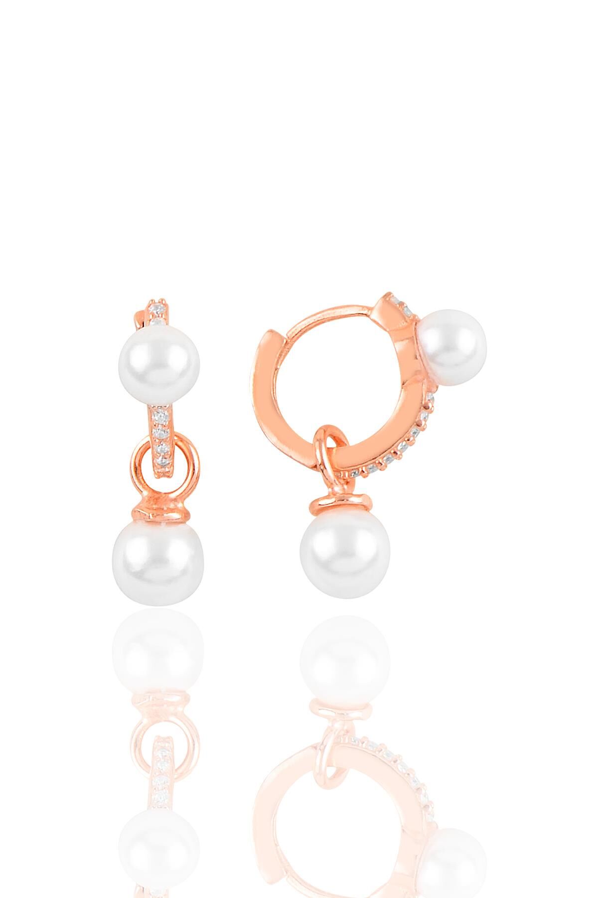 Gümüş rose zirkon taşlı inci sallantılı halka küpe SGTL10871ROSE