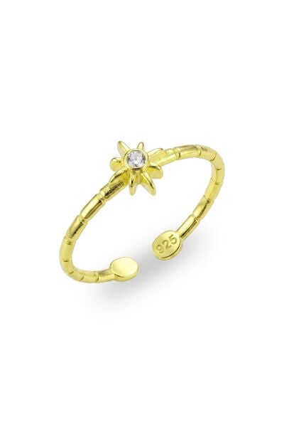 925 Ayar Gümüş Yüzük Altın Kaplama Kutup Yıldızı Zirkon Taşlı Yüzük - Kuzey Yıldızı Tektaş Ayarlanabilir Minimal Kadın Yüzük SGTL13517GOLD