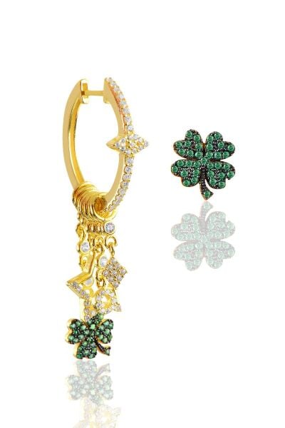 Gümüş altın yaldızlı yeşil yaşlı yonca şans küpe SGTL10870GOLD