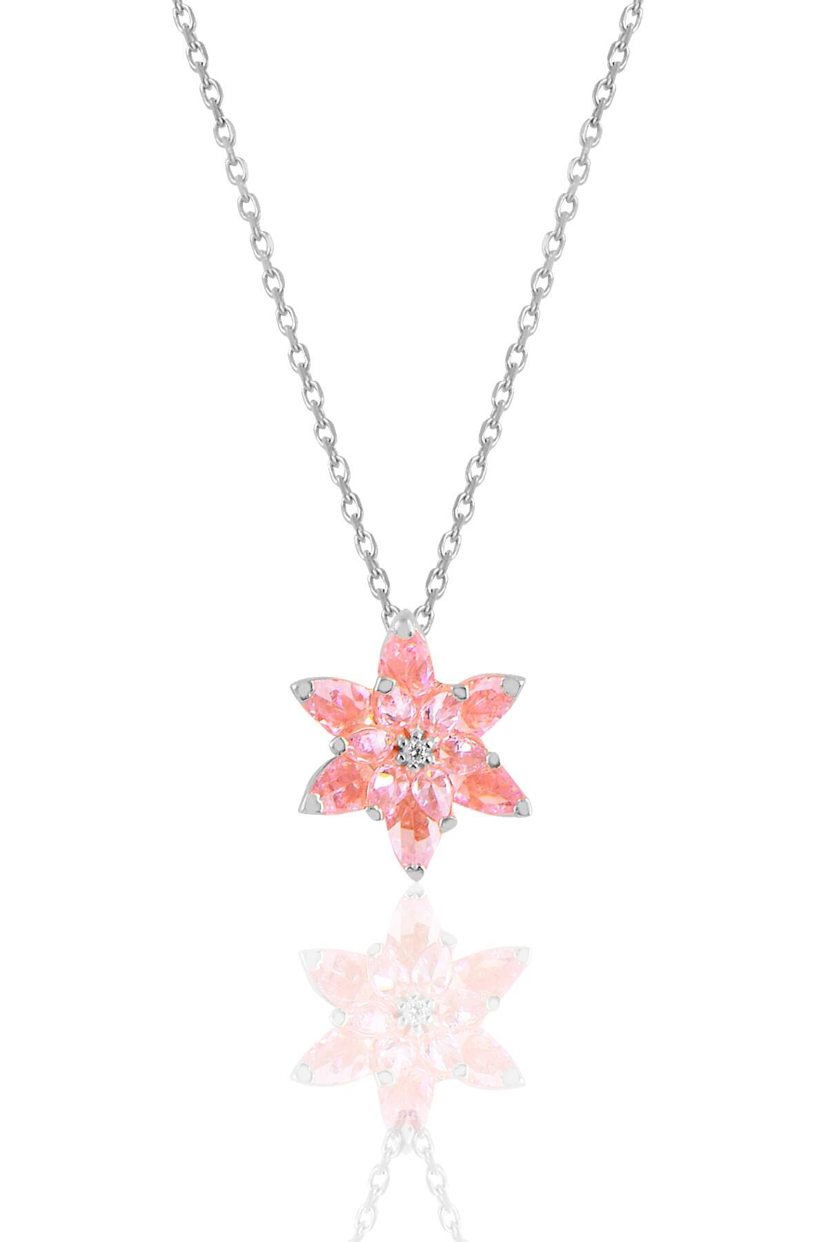 Gümüş rodyumlu taşlı nilüfer lotus çiçeği kolye Pembe