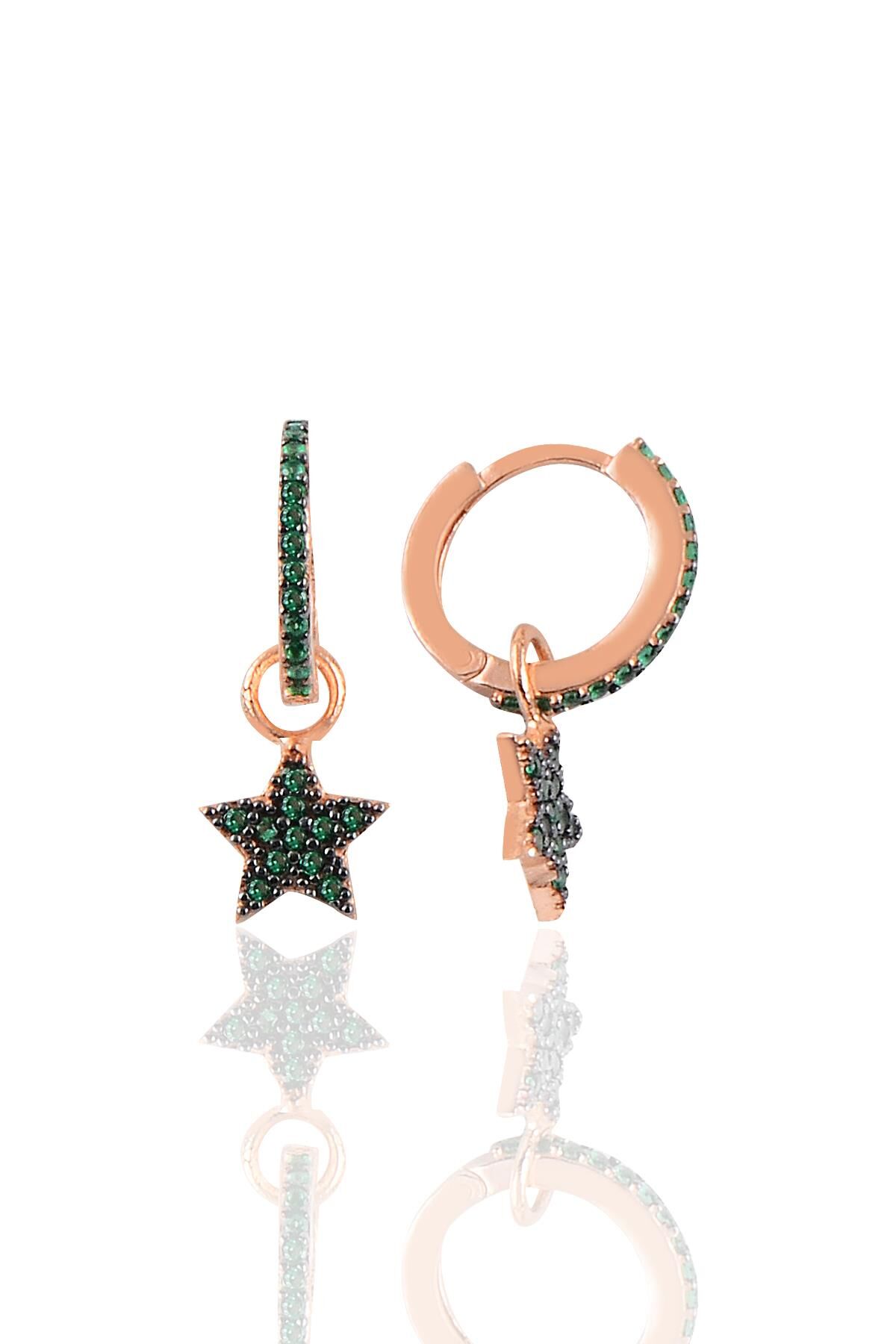 Gümüş yeşil taşlı yıldızı modeli taşlı halka küpe SGTL10187YDZ