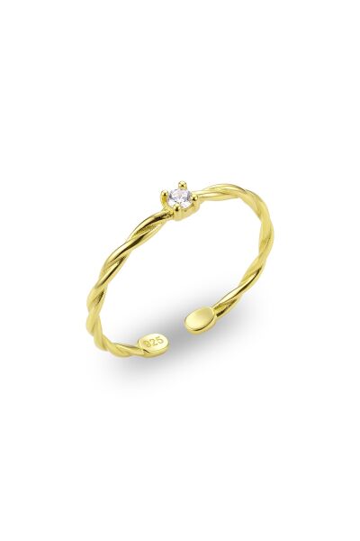 925 Ayar Gümüş Yüzük Altın Kaplama Sarmal Burgu Gövdeli Tektaş Zirkon Yüzük - Ayarlanabilir Minimal Kadın Yüzük SGTL13518GOLD