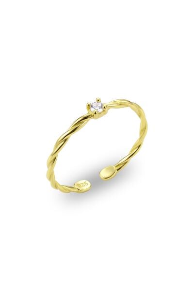 925 Ayar Gümüş Yüzük Altın Kaplama Sarmal Burgu Gövdeli Tektaş Zirkon Yüzük - Ayarlanabilir Minimal Kadın Yüzük SGTL13518GOLD