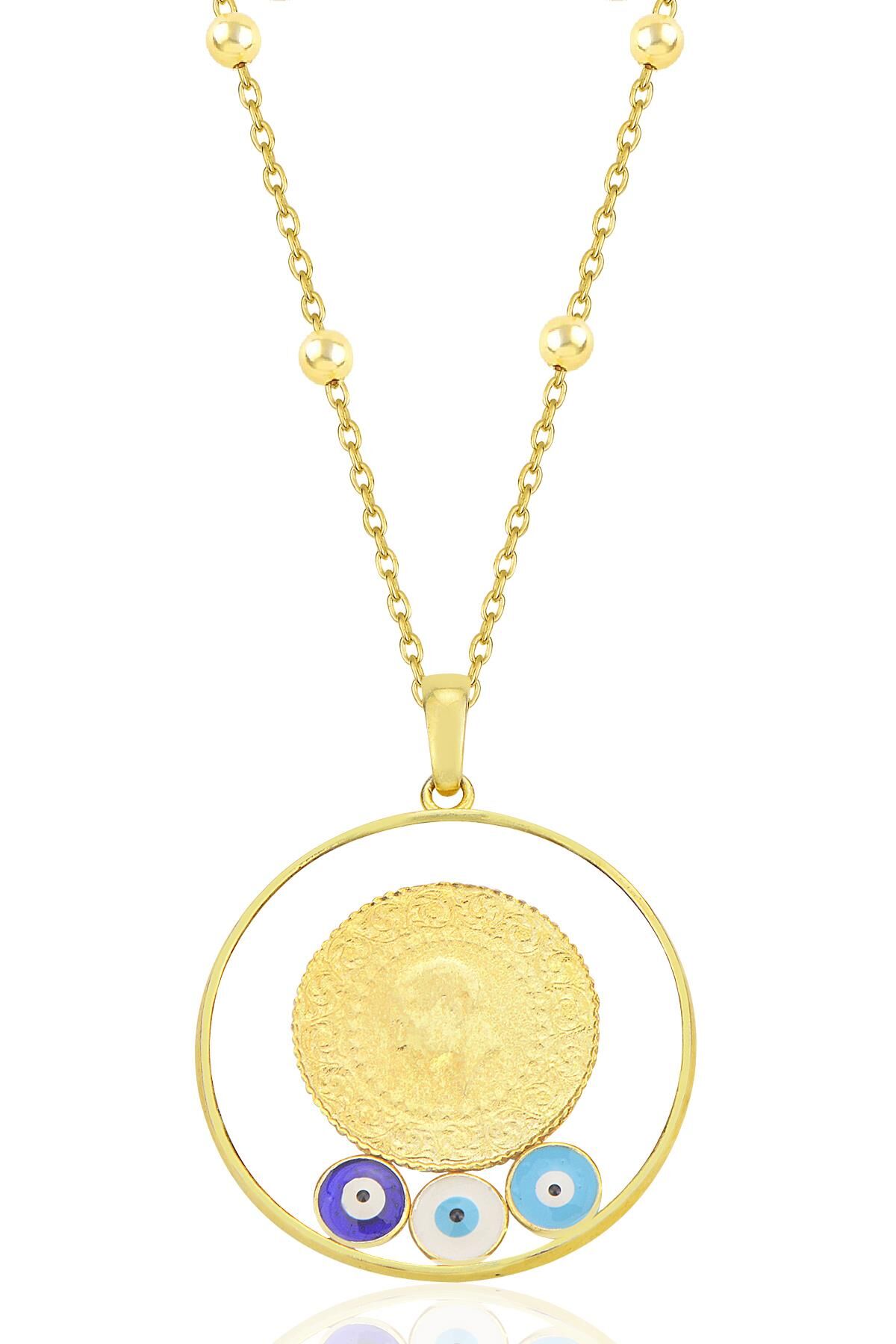 Gümüş altın yaldızlı top top zincirli nazarlı,çerçeveli, çeyrekli kolye SGTL12295GOLD