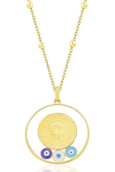 Gümüş altın yaldızlı top top zincirli nazarlı,çerçeveli, çeyrekli kolye SGTL12295GOLD