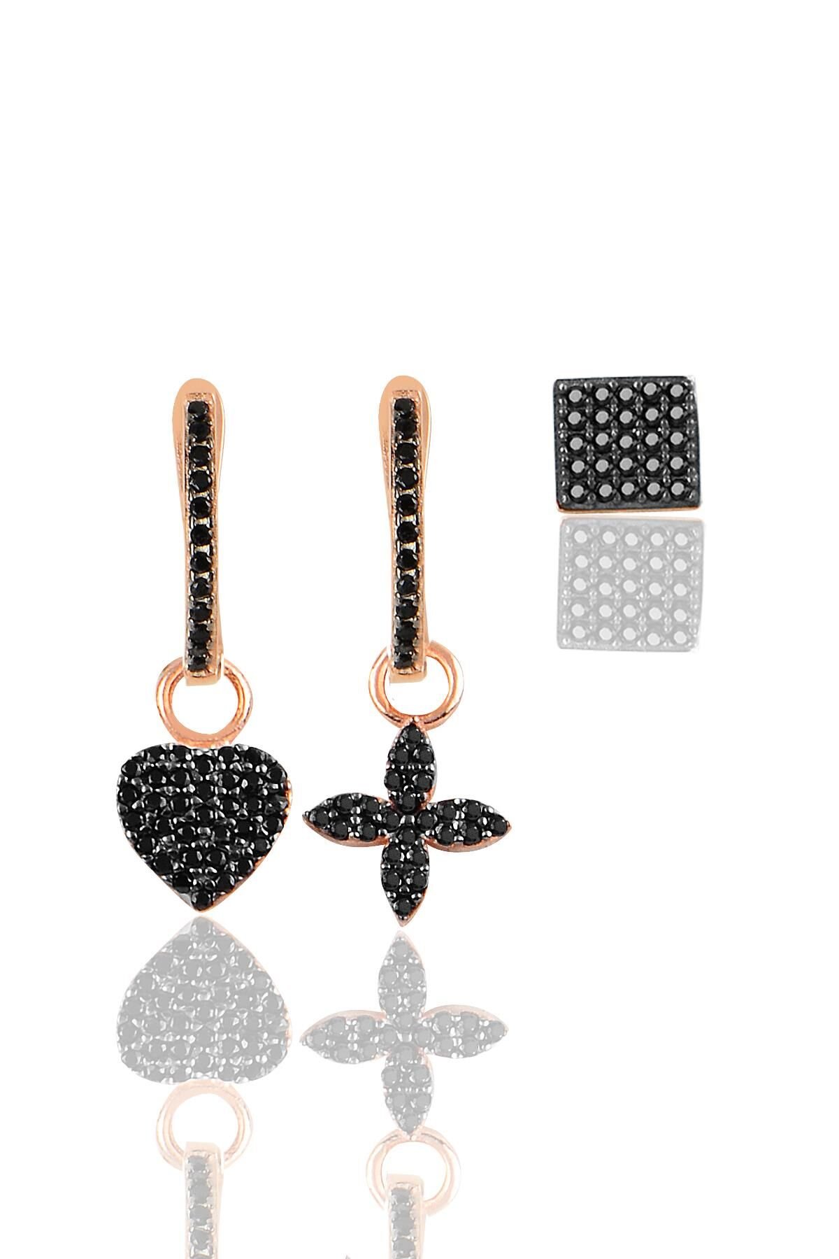 Gümüş rose siyah taşlı şans kombin küpe  SGTL11653SIYAH