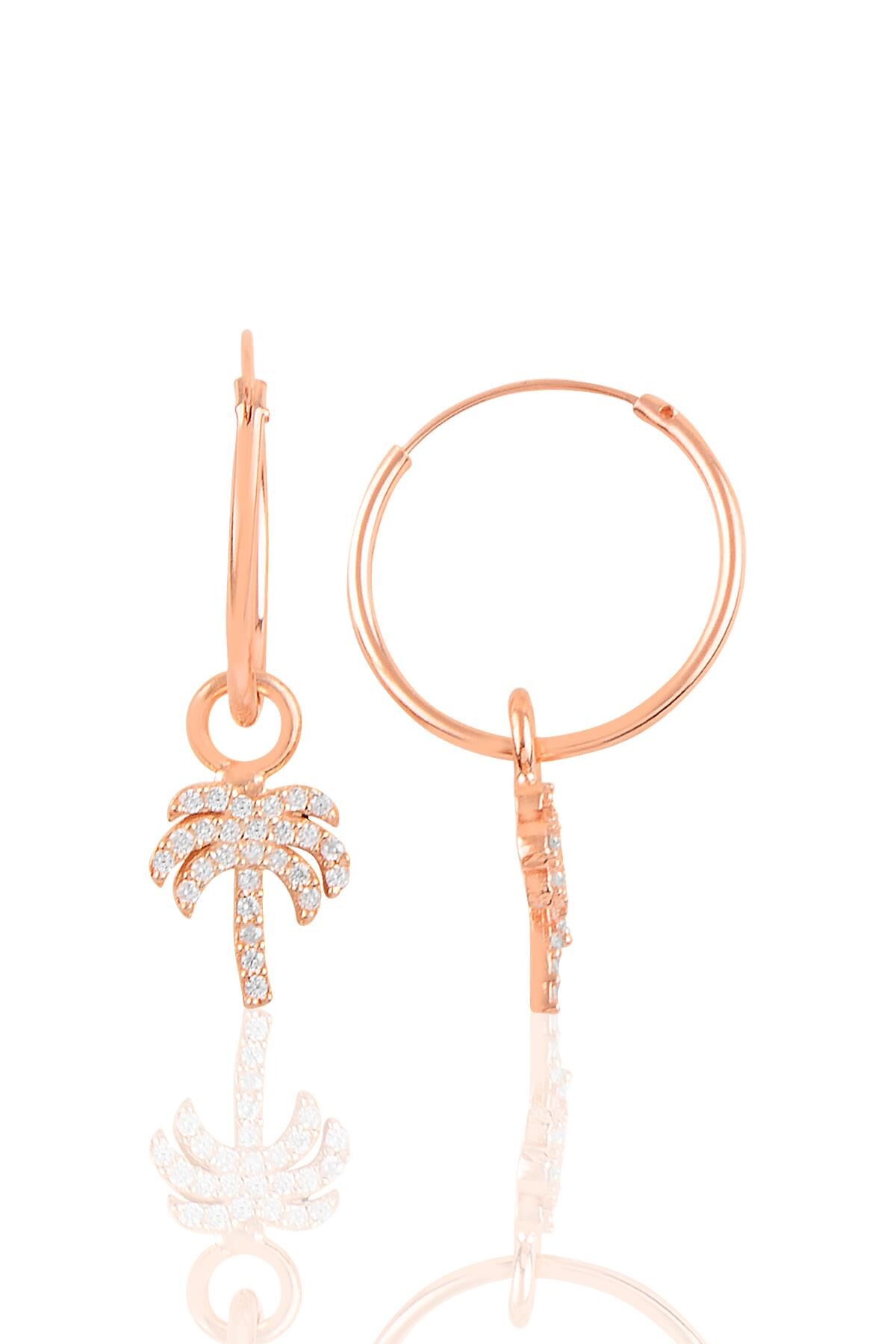 Gümüş rose zirkon taşlı palmiye halka küpe. SGTL10869ROSE