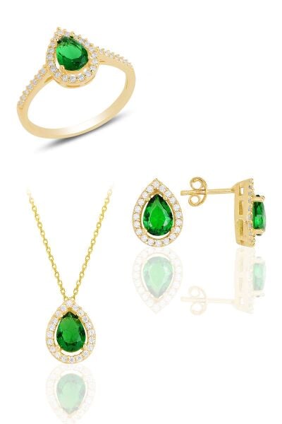 Gümüş altın yaldızlı kök zümrüt taşlı damla modeli üçlü set SGTL11517YESIL
