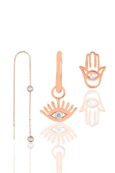 Gümüş rose zirkon taşlı kombin üçlü küpe seti SGTl11652ROSE