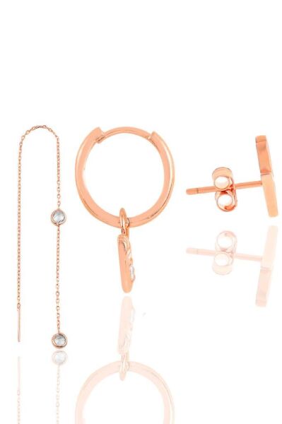 Gümüş rose zirkon taşlı kombin üçlü küpe seti SGTl11652ROSE