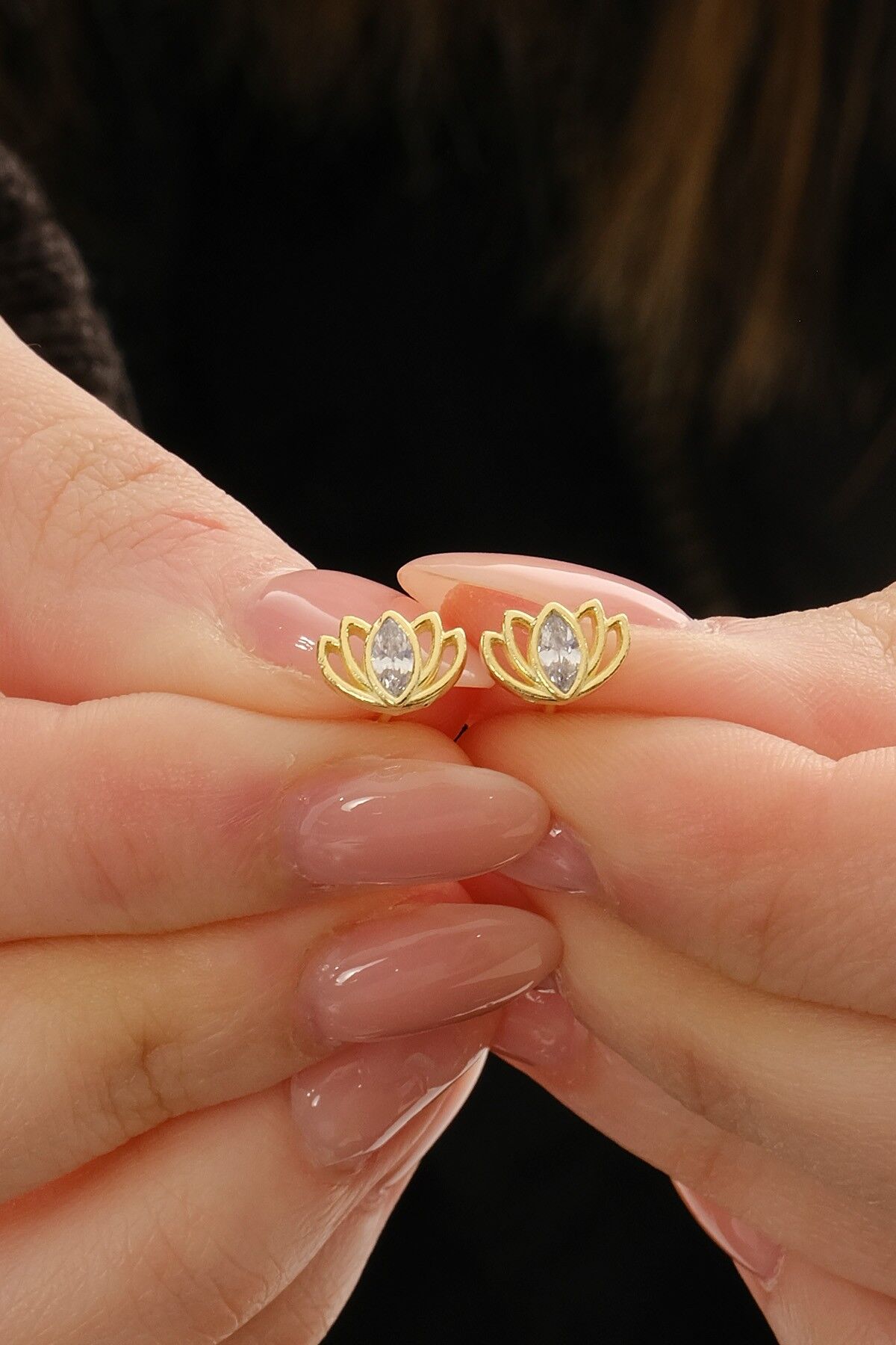 Gümüş altın yaldızlı markiz kesim zirkon taşlı lotus küpe SGTL12833GOLD
