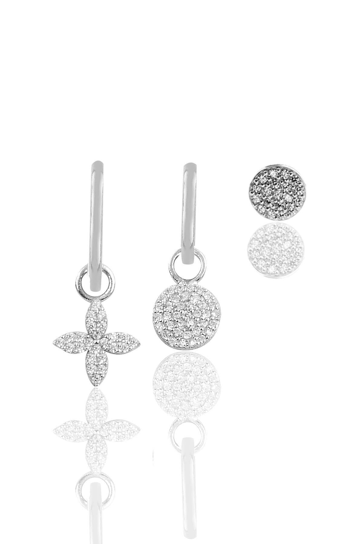 Gümüş rodyumlu zirkon taşlı kombin üçlü küpe seti SGTL11651RODAJ