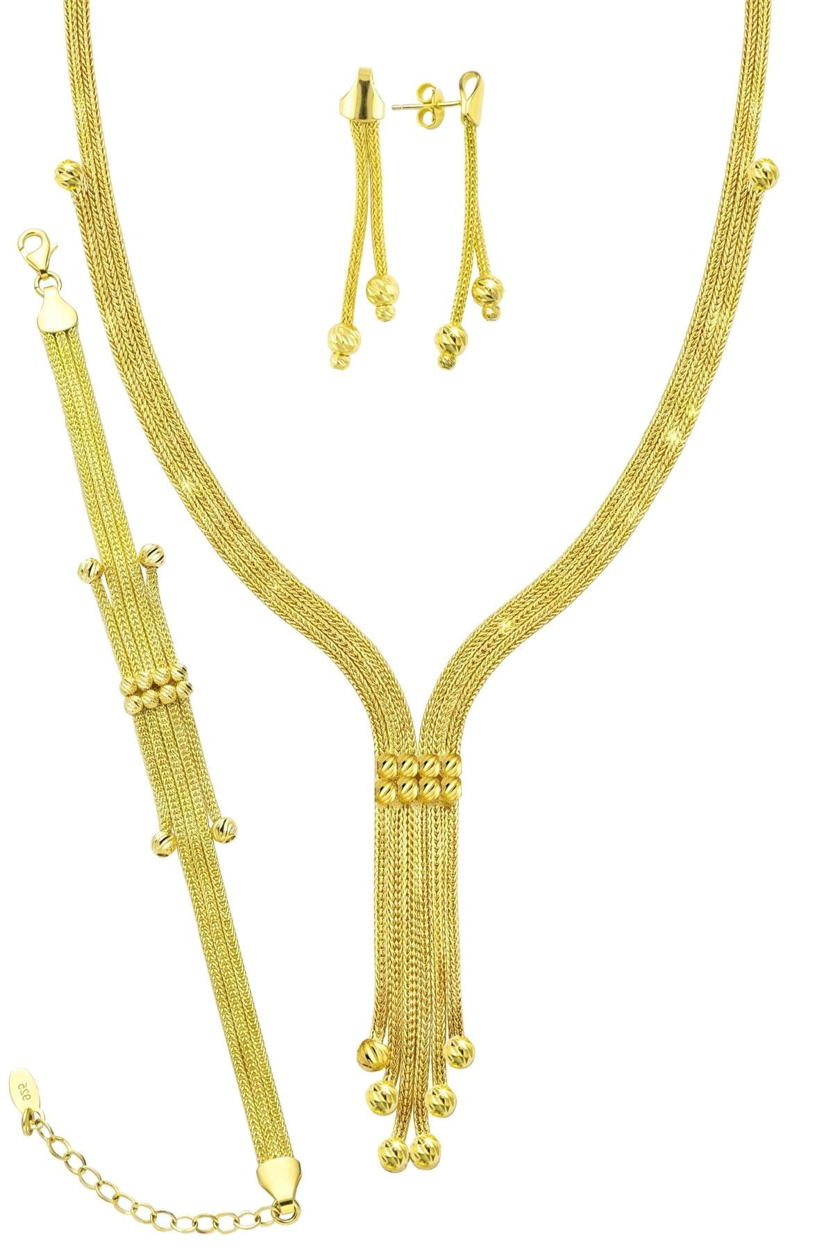 925 Ayar Gümüş Set Altın Kaplama Hasır Kalze Set - Dorika Toplu Örgü Püsküllü Kadın Takı Seti SGTL13521GOLD