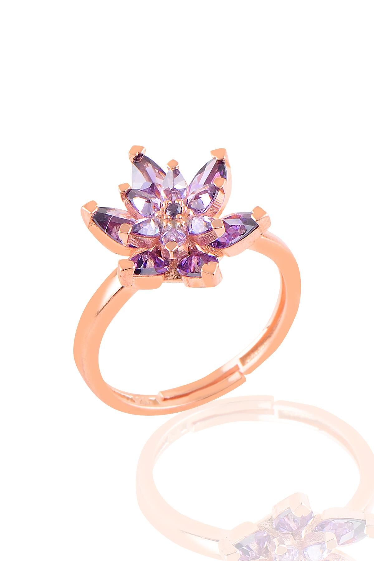 Gümüş rose taşlı nilüfer lotus çiçeği yüzük Mor