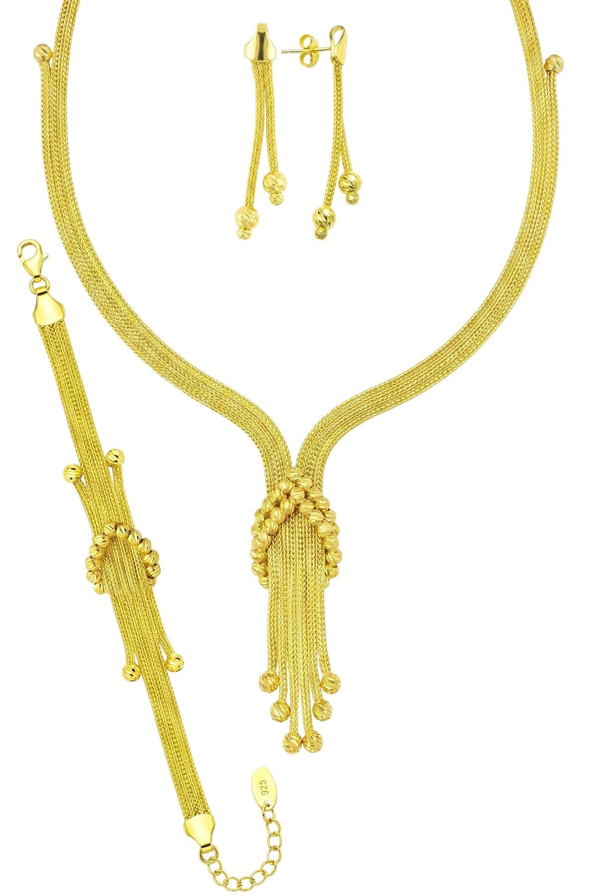925 Ayar Gümüş Set Altın Kaplama Hasır Kalze Set - Düğüm Dorika Top Detaylı Düğün & Gelin Takı Seti SGTL13522GOLD