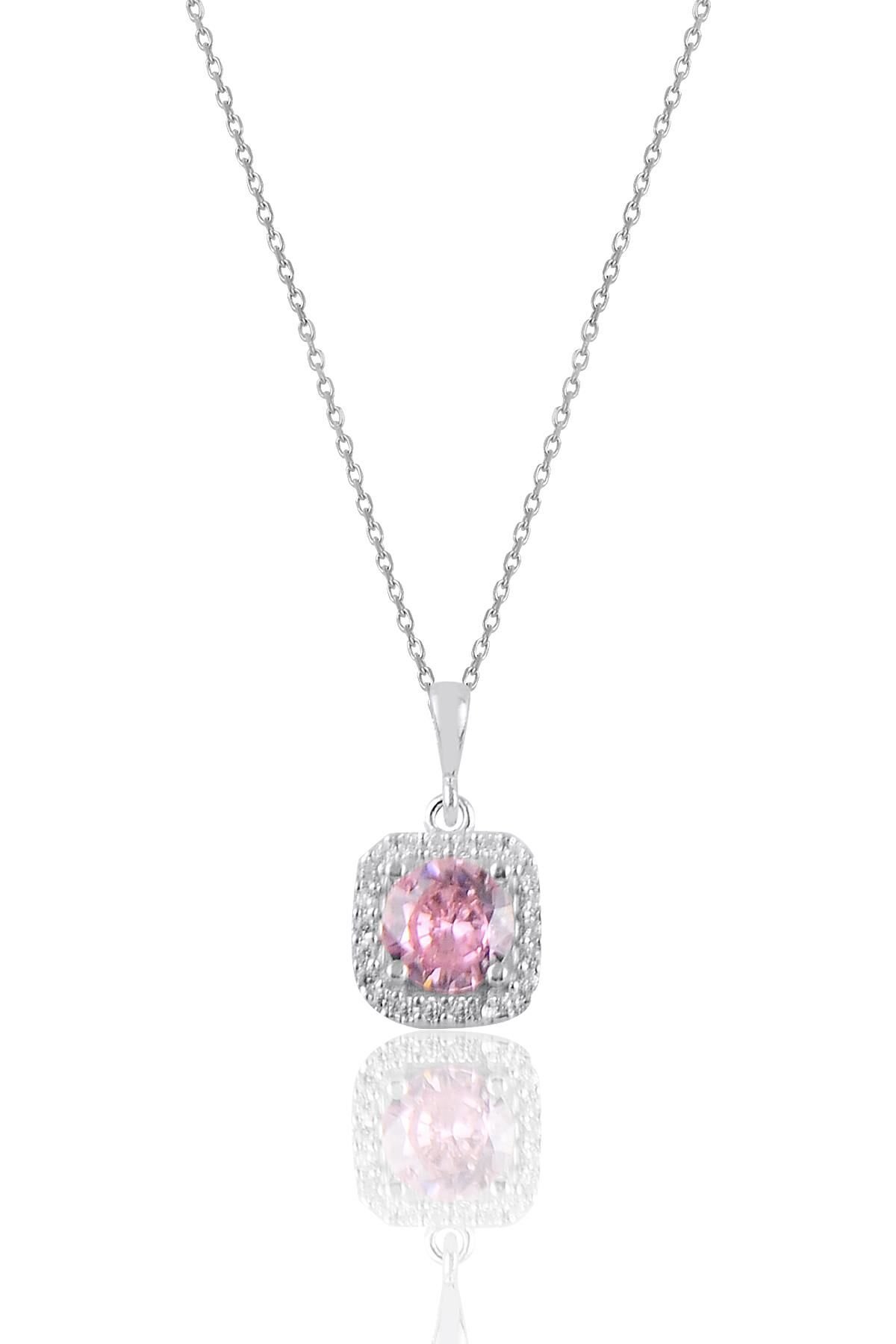 Gümüş rodyumlu pembe taşlı pırlanta montürlü kolye SGTL10731PEMBE