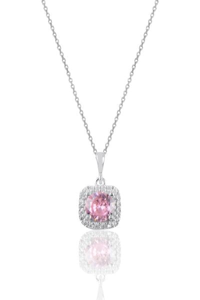 Gümüş rodyumlu pembe taşlı pırlanta montürlü kolye SGTL10731PEMBE