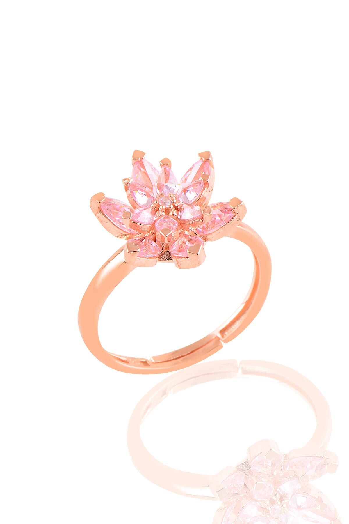 Gümüş rose taşlı nilüfer lotus çiçeği yüzük Pembe