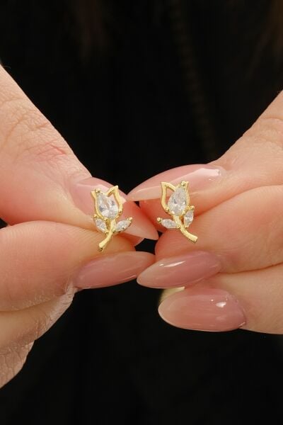 Gümüş altın yaldızlı damla kesim zirkon taşlı lale küpe SGTL12834GOLD