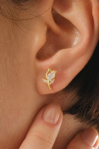 Gümüş altın yaldızlı damla kesim zirkon taşlı lale küpe SGTL12834GOLD