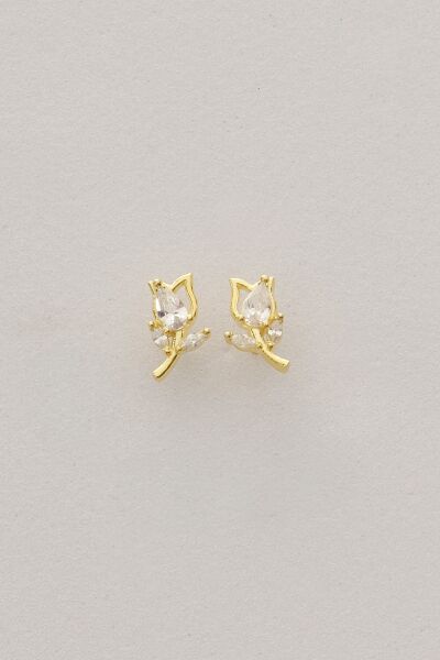 Gümüş altın yaldızlı damla kesim zirkon taşlı lale küpe SGTL12834GOLD