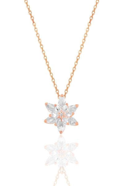 Gümüş rose taşlı nilüfer lotus çiçeği kolye SGTL10386 Kırmızı