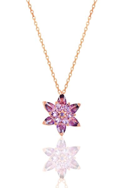 Gümüş rose taşlı nilüfer lotus çiçeği kolye Mor