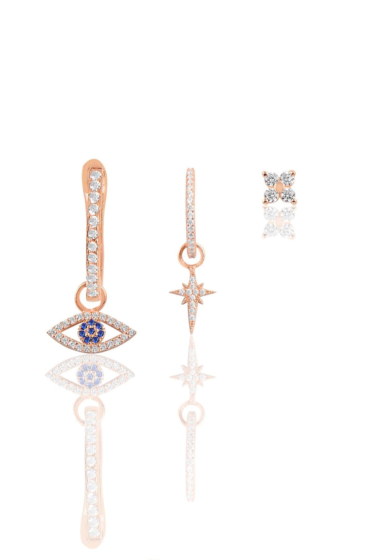 Gümüş rose zirkon taşlı kombin üçlü küpe seti SGTL11648ROSE